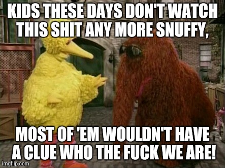 Big Bird And Snuffy Meme | KIDS THESE DAYS DON'T WATCH THIS SHIT ANY MORE SNUFFY,  MOST OF 'EM WOULDN'T HAVE A CLUE WHO THE F**K WE ARE! | image tagged in memes,big bird and snuffy | made w/ Imgflip meme maker