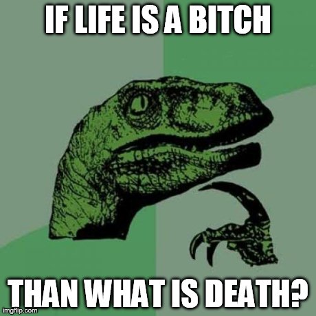 Philosoraptor Meme | IF LIFE IS A B**CH THAN WHAT IS DEATH? | image tagged in memes,philosoraptor | made w/ Imgflip meme maker
