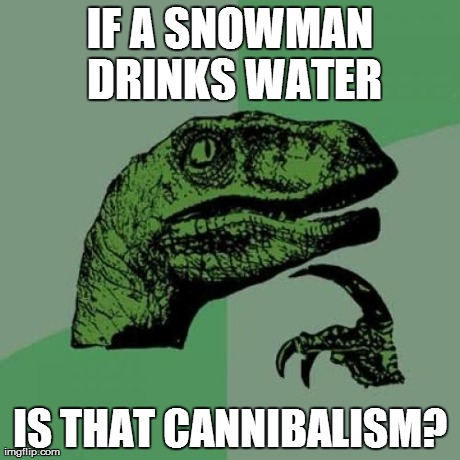 Philosoraptor | IF A SNOWMAN DRINKS WATER IS THAT CANNIBALISM? | image tagged in memes,philosoraptor | made w/ Imgflip meme maker