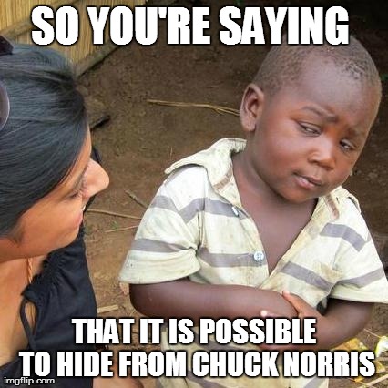 Third World Skeptical Kid Meme | SO YOU'RE SAYING  THAT IT IS POSSIBLE TO HIDE FROM CHUCK NORRIS | image tagged in memes,third world skeptical kid | made w/ Imgflip meme maker