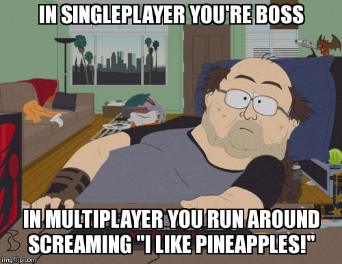 RPG Fan Meme | IN SINGLEPLAYER YOU'RE BOSS IN MULTIPLAYER YOU RUN AROUND SCREAMING "I LIKE PINEAPPLES!" | image tagged in memes,rpg fan | made w/ Imgflip meme maker