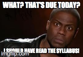 Kevin Hart Meme | WHAT? THAT'S DUE TODAY? I SHOULD HAVE READ THE SYLLABUS! | image tagged in memes,kevin hart the hell | made w/ Imgflip meme maker