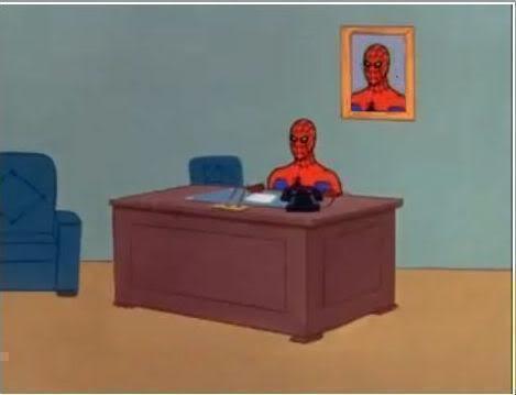 Spider man at his desk Blank Meme Template