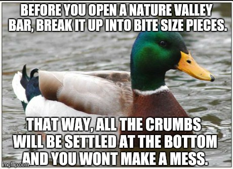 Actual Advice Mallard Meme | BEFORE YOU OPEN A NATURE VALLEY BAR, BREAK IT UP INTO BITE SIZE PIECES. THAT WAY, ALL THE CRUMBS WILL BE SETTLED AT THE BOTTOM AND YOU WONT  | image tagged in memes,actual advice mallard,AdviceAnimals | made w/ Imgflip meme maker