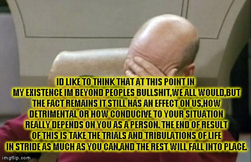 Captain Picard Facepalm | ID LIKE TO THINK THAT AT THIS POINT IN MY EXISTENCE IM BEYOND PEOPLES BULLSHIT,WE ALL WOULD,BUT THE FACT REMAINS IT STILL HAS AN EFFECT ON U | image tagged in memes,captain picard facepalm | made w/ Imgflip meme maker