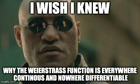 Matrix Morpheus | I WISH I KNEW WHY THE WEIERSTRASS FUNCTION IS EVERYWHERE CONTINOUS AND NOWHERE DIFFERENTIABLE | image tagged in memes,matrix morpheus | made w/ Imgflip meme maker