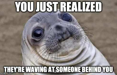Awkward Moment Sealion | YOU JUST REALIZED THEY'RE WAVING AT SOMEONE BEHIND YOU | image tagged in memes,awkward moment sealion | made w/ Imgflip meme maker