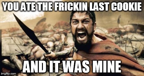 Sparta Leonidas Meme | YOU ATE THE FRICKIN LAST COOKIE AND IT WAS MINE | image tagged in memes,sparta leonidas | made w/ Imgflip meme maker