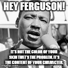 HEY FERGUSON! IT'S NOT THE COLOR OF YOUR SKIN THAT'S THE PROBLEM, IT'S THE CONTENT OF YOUR CHARACTER. | image tagged in mlk | made w/ Imgflip meme maker