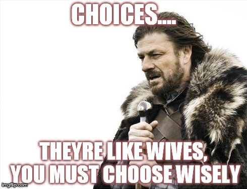 Brace Yourselves X is Coming | CHOICES.... THEYRE LIKE WIVES, YOU MUST CHOOSE WISELY | image tagged in memes,brace yourselves x is coming | made w/ Imgflip meme maker