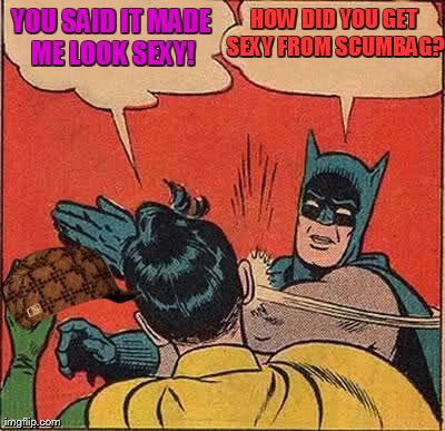 Batman Slapping Robin Meme | YOU SAID IT MADE ME LOOK SEXY! HOW DID YOU GET SEXY FROM SCUMBAG? | image tagged in memes,batman slapping robin,scumbag | made w/ Imgflip meme maker