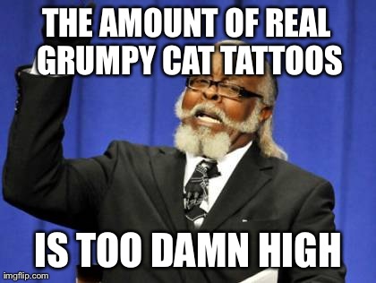 Too Damn High Meme | THE AMOUNT OF REAL GRUMPY CAT TATTOOS IS TOO DAMN HIGH | image tagged in memes,too damn high | made w/ Imgflip meme maker