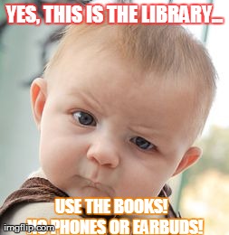 Skeptical Baby | YES, THIS IS THE LIBRARY... USE THE BOOKS!   NO PHONES OR EARBUDS!
 | image tagged in memes,skeptical baby | made w/ Imgflip meme maker
