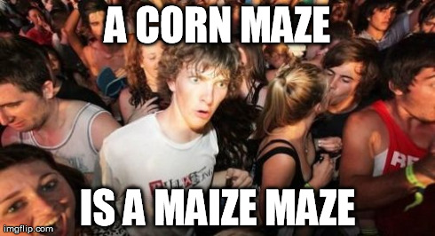 Sudden Clarity Clarence Meme | A CORN MAZE IS A MAIZE MAZE | image tagged in memes,sudden clarity clarence,AdviceAnimals | made w/ Imgflip meme maker