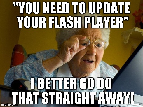 Grandma Finds The Internet Meme | "YOU NEED TO UPDATE YOUR FLASH PLAYER" I BETTER GO DO THAT STRAIGHT AWAY! | image tagged in memes,grandma finds the internet | made w/ Imgflip meme maker
