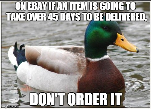Actual Advice Mallard Meme | ON EBAY IF AN ITEM IS GOING TO TAKE OVER 45 DAYS TO BE DELIVERED, DON'T ORDER IT | image tagged in memes,actual advice mallard,AdviceAnimals | made w/ Imgflip meme maker
