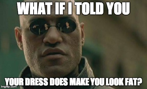 Matrix Morpheus Meme | WHAT IF I TOLD YOU YOUR DRESS DOES MAKE YOU LOOK FAT? | image tagged in memes,matrix morpheus | made w/ Imgflip meme maker