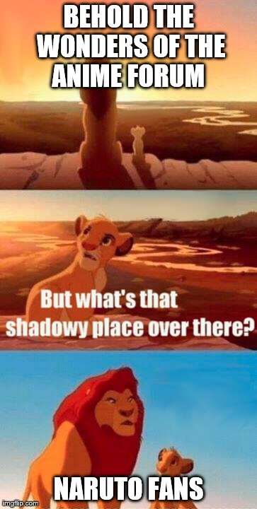 Simba Shadowy Place | BEHOLD THE WONDERS OF THE ANIME FORUM  NARUTO FANS | image tagged in memes,simba shadowy place | made w/ Imgflip meme maker