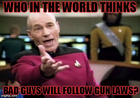 Picard Wtf | WHO IN THE WORLD THINKS  BAD GUYS WILL FOLLOW GUN LAWS? | image tagged in memes,picard wtf | made w/ Imgflip meme maker