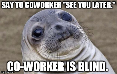 Awkward Moment Sealion Meme | SAY TO COWORKER "SEE YOU LATER." CO-WORKER IS BLIND. | image tagged in memes,awkward moment sealion,AdviceAnimals | made w/ Imgflip meme maker