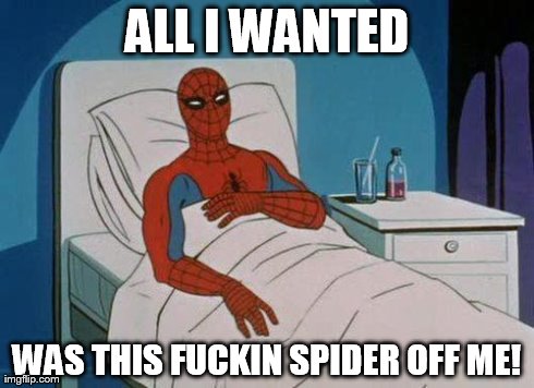 Spiderman Hospital | ALL I WANTED WAS THIS F**KIN SPIDER OFF ME! | image tagged in memes,spiderman hospital,spiderman | made w/ Imgflip meme maker