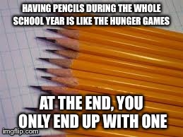 Can never have too many pencils | HAVING PENCILS DURING THE WHOLE SCHOOL YEAR IS LIKE THE HUNGER GAMES  AT THE END, YOU ONLY END UP WITH ONE | image tagged in i guarantee it | made w/ Imgflip meme maker