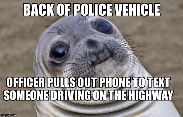 Awkward Moment Sealion Meme | BACK OF POLICE VEHICLE  OFFICER PULLS OUT PHONE TO TEXT SOMEONE DRIVING ON THE HIGHWAY | image tagged in memes,awkward moment sealion,AdviceAnimals | made w/ Imgflip meme maker