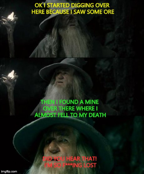 Confused Gandalf | OK I STARTED DIGGING OVER HERE BECAUSE I SAW SOME ORE DID YOU HEAR THAT! I'M SO F***ING LOST THEN I FOUND A MINE OVER THERE WHERE I ALMOST F | image tagged in memes,confused gandalf | made w/ Imgflip meme maker