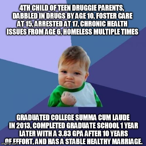 Success Kid Meme | 4TH CHILD OF TEEN DRUGGIE PARENTS, DABBLED IN DRUGS BY AGE 10, FOSTER CARE AT 15, ARRESTED AT 17, CHRONIC HEALTH ISSUES FROM AGE 6, HOMELESS | image tagged in memes,success kid,AdviceAnimals | made w/ Imgflip meme maker