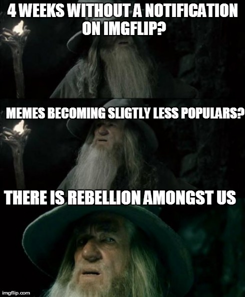 Confused Gandalf Meme | 4 WEEKS WITHOUT A NOTIFICATION ON IMGFLIP? MEMES BECOMING SLIGTLY LESS POPULARS? THERE IS REBELLION AMONGST US | image tagged in memes,confused gandalf | made w/ Imgflip meme maker