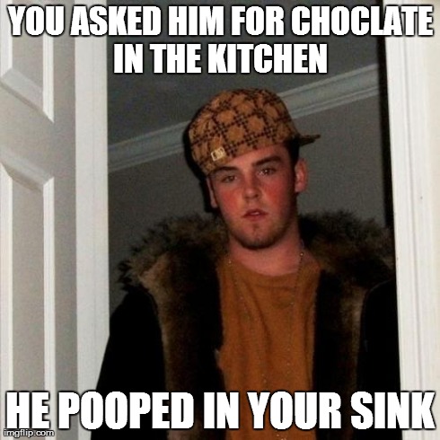 Scumbag Steve | YOU ASKED HIM FOR CHOCLATE IN THE KITCHEN
 HE POOPED IN YOUR SINK | image tagged in memes,scumbag steve | made w/ Imgflip meme maker