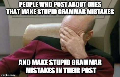 Captain Picard Facepalm | PEOPLE WHO POST ABOUT ONES THAT MAKE STUPID GRAMMAR MISTAKES  AND MAKE STUPID GRAMMAR MISTAKES IN THEIR POST | image tagged in memes,captain picard facepalm | made w/ Imgflip meme maker