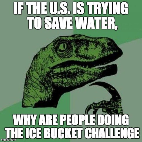 Ice Bucket Philosoraptor | IF THE U.S. IS TRYING TO SAVE WATER, WHY ARE PEOPLE DOING THE ICE BUCKET CHALLENGE | image tagged in memes,philosoraptor | made w/ Imgflip meme maker