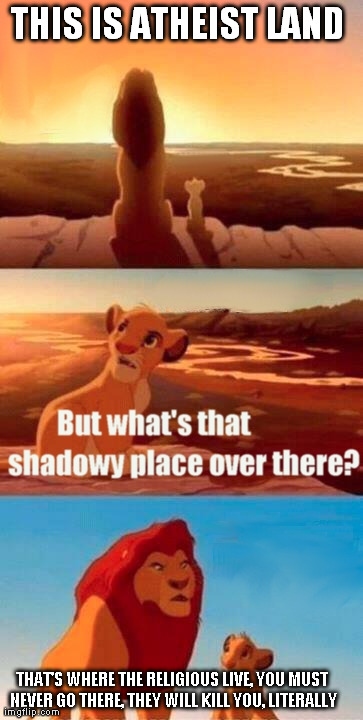In some areas of the world they execute atheists...and christians still think they're the persecuted ones, why?? | THIS IS ATHEIST LAND THAT'S WHERE THE RELIGIOUS LIVE, YOU MUST NEVER GO THERE, THEY WILL KILL YOU, LITERALLY | image tagged in memes,simba shadowy place,atheist,religious,scary | made w/ Imgflip meme maker