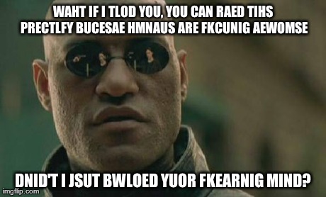 Matrix Morpheus Meme | WAHT IF I TLOD YOU, YOU CAN RAED TIHS PRECTLFY BUCESAE HMNAUS ARE FKCUNIG AEWOMSE DNID'T I JSUT BWLOED YUOR FKEARNIG MIND? | image tagged in memes,matrix morpheus | made w/ Imgflip meme maker