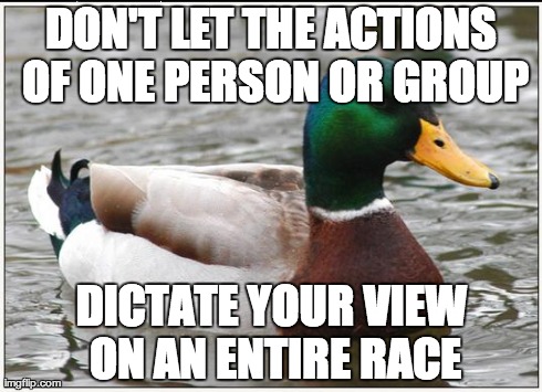 Actual Advice Mallard | DON'T LET THE ACTIONS OF ONE PERSON OR GROUP DICTATE YOUR VIEW ON AN ENTIRE RACE | image tagged in memes,actual advice mallard,AdviceAnimals | made w/ Imgflip meme maker