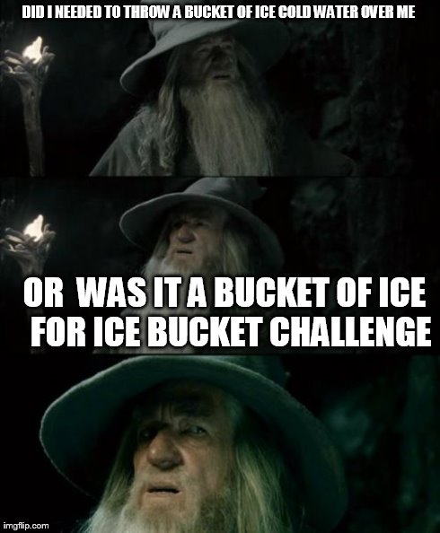 gandalf  wants  to do ice bucket challenge | DID I NEEDED TO THROW A BUCKET OF ICE COLD WATER OVER ME  OR  WAS IT A BUCKET OF ICE  FOR ICE BUCKET CHALLENGE | image tagged in memes,confused gandalf | made w/ Imgflip meme maker
