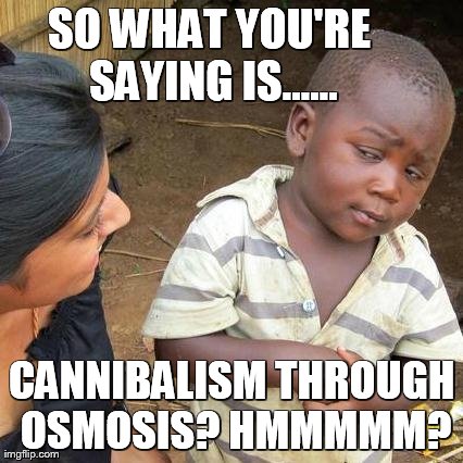 Third World Skeptical Kid Meme | SO WHAT YOU'RE SAYING IS...... CANNIBALISM THROUGH OSMOSIS? HMMMMM? | image tagged in memes,third world skeptical kid | made w/ Imgflip meme maker