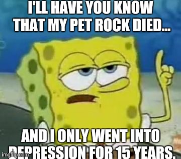 I'll Have You Know Spongebob Meme | I'LL HAVE YOU KNOW THAT MY PET ROCK DIED... AND I ONLY WENT INTO DEPRESSION FOR 15 YEARS. | image tagged in memes,ill have you know spongebob | made w/ Imgflip meme maker