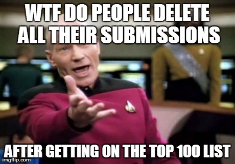 Picard Wtf | WTF DO PEOPLE DELETE ALL THEIR SUBMISSIONS AFTER GETTING ON THE TOP 100 LIST | image tagged in memes,picard wtf | made w/ Imgflip meme maker