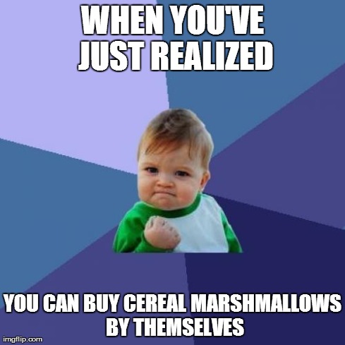 Success Kid | WHEN YOU'VE JUST REALIZED YOU CAN BUY CEREAL MARSHMALLOWS BY THEMSELVES | image tagged in memes,success kid | made w/ Imgflip meme maker