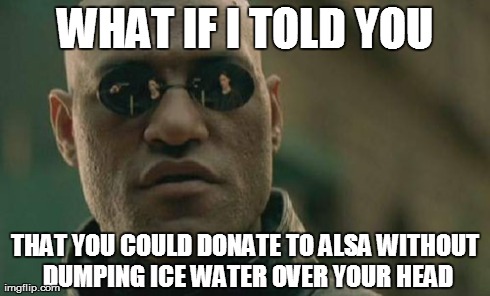 Matrix Morpheus | WHAT IF I TOLD YOU THAT YOU COULD DONATE TO ALSA WITHOUT DUMPING ICE WATER OVER YOUR HEAD | image tagged in memes,matrix morpheus | made w/ Imgflip meme maker