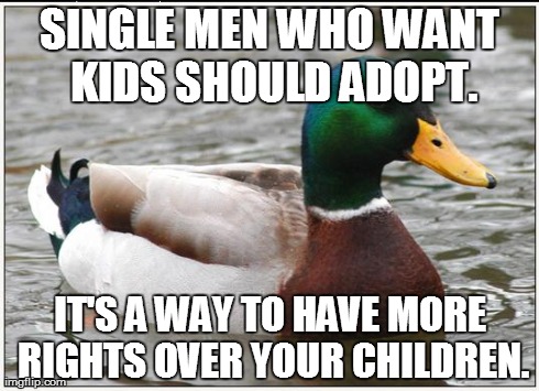 Actual Advice Mallard | SINGLE MEN WHO WANT KIDS SHOULD ADOPT. IT'S A WAY TO HAVE MORE RIGHTS OVER YOUR CHILDREN. | image tagged in memes,actual advice mallard,men,children | made w/ Imgflip meme maker