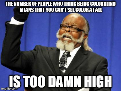 Seriously people, enough of your ridiculous questions... | THE NUMBER OF PEOPLE WHO THINK BEING COLORBLIND MEANS THAT YOU CAN'T SEE COLOR AT ALL IS TOO DAMN HIGH | image tagged in memes,too damn high | made w/ Imgflip meme maker