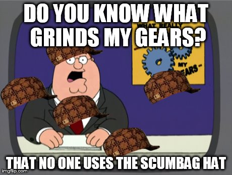 Peter Griffin News | DO YOU KNOW WHAT GRINDS MY GEARS? THAT NO ONE USES THE SCUMBAG HAT | image tagged in memes,peter griffin news,scumbag | made w/ Imgflip meme maker