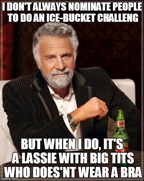 The Most Interesting Man In The World | I DON'T ALWAYS NOMINATE PEOPLE TO DO AN ICE-BUCKET CHALLENG BUT WHEN I DO, IT'S A LASSIE WITH BIG TITS WHO DOES'NT WEAR A BRA | image tagged in memes,the most interesting man in the world | made w/ Imgflip meme maker