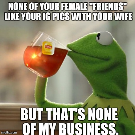 But That's None Of My Business | NONE OF YOUR FEMALE "FRIENDS" LIKE YOUR IG PICS WITH YOUR WIFE BUT THAT'S NONE OF MY BUSINESS. | image tagged in memes,but thats none of my business,kermit the frog | made w/ Imgflip meme maker