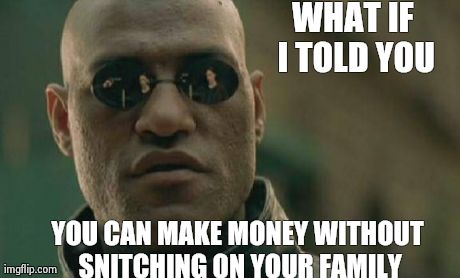 Matrix Morpheus Meme | WHAT IF I TOLD YOU YOU CAN MAKE MONEY WITHOUT SNITCHING ON YOUR FAMILY | image tagged in memes,matrix morpheus | made w/ Imgflip meme maker
