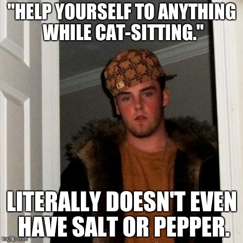 Scumbag Steve Meme | "HELP YOURSELF TO ANYTHING WHILE CAT-SITTING." LITERALLY DOESN'T EVEN HAVE SALT OR PEPPER. | image tagged in memes,scumbag steve | made w/ Imgflip meme maker