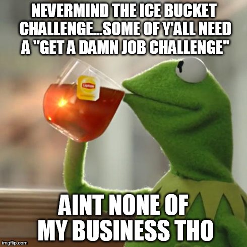 But That's None Of My Business Meme | NEVERMIND THE ICE BUCKET CHALLENGE...SOME OF Y'ALL NEED A "GET A DAMN JOB CHALLENGE" AINT NONE OF MY BUSINESS THO | image tagged in memes,but thats none of my business,kermit the frog | made w/ Imgflip meme maker